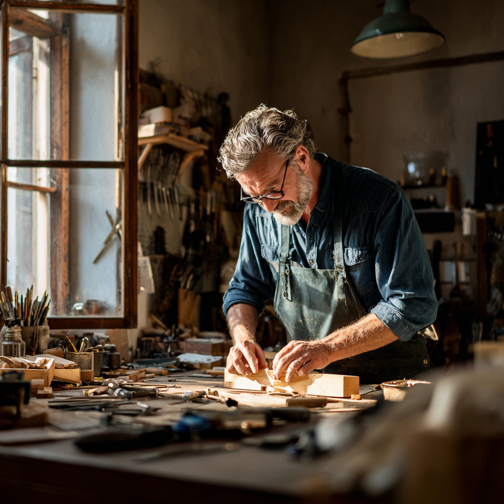 Beginner woodworker enjoying a DIY project in a well-lit, relaxed workshop.