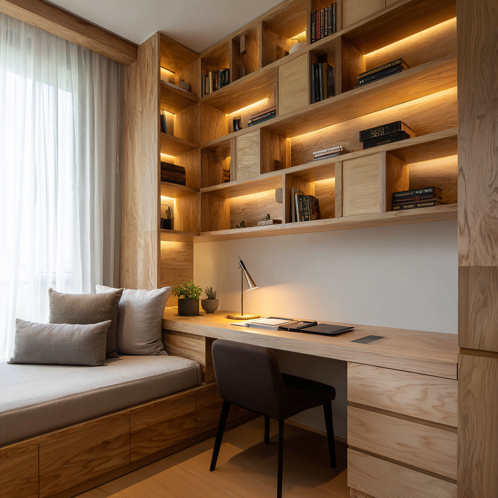 Functional furniture made from wood including a home office desk and bookshelf.