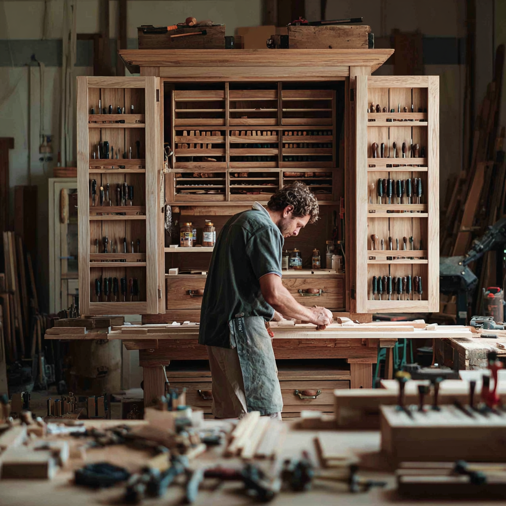 Advanced woodworking project in progress: crafting a custom cabinet in a workshop.