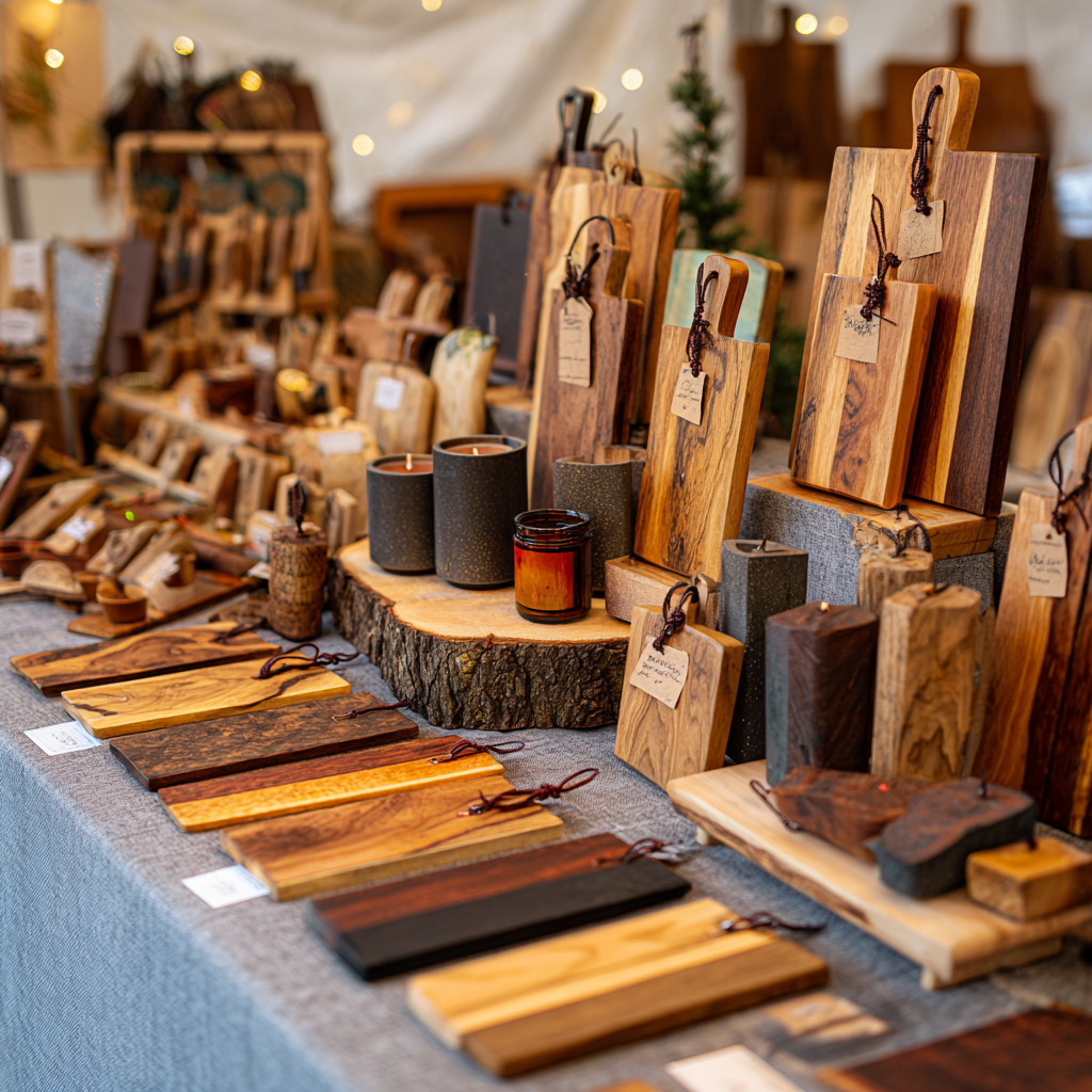 Wooden home decor items for sale at a craft fair—ideal for beginner sellers.