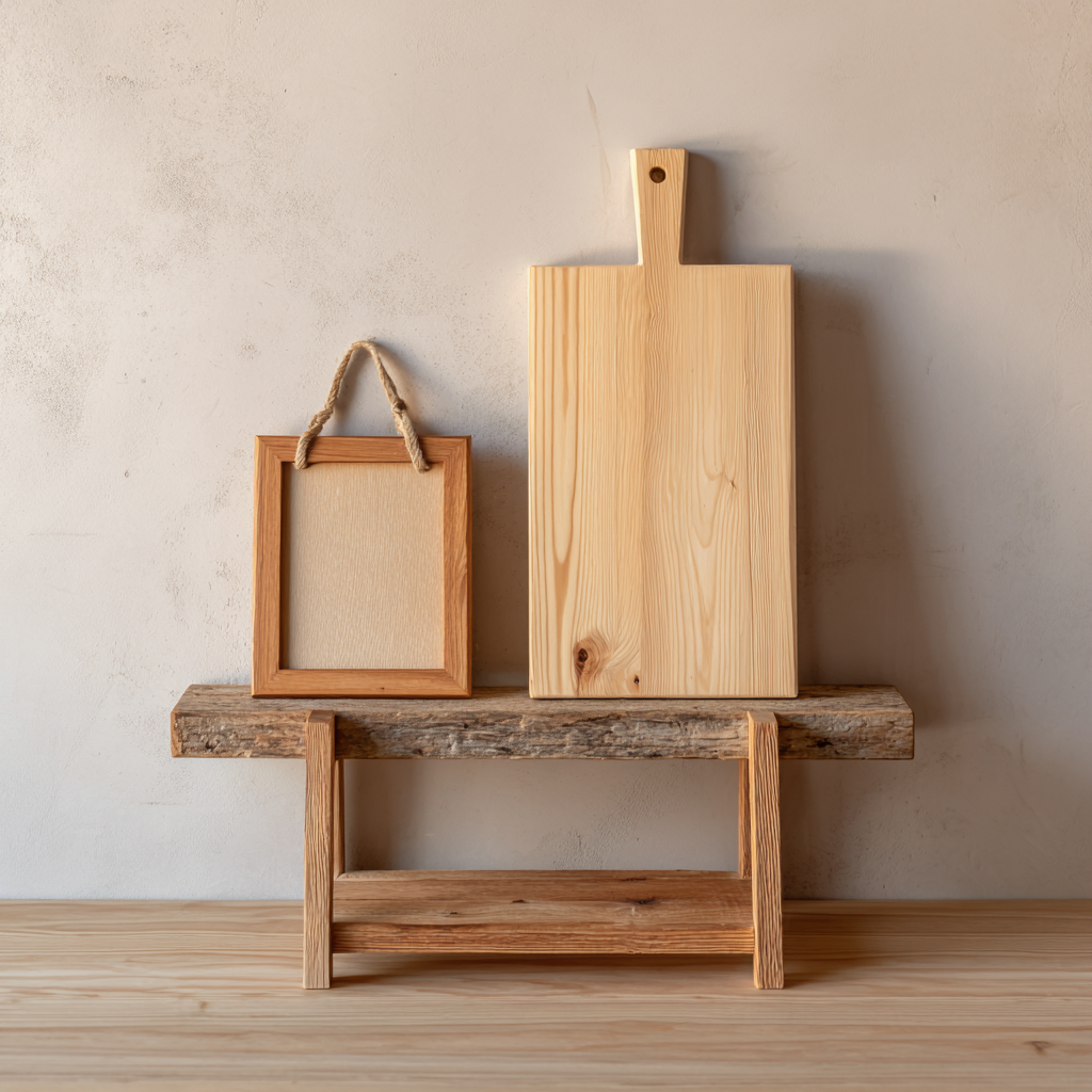 Beginner-friendly woodworking projects made from wood, including a shelf and cutting board.